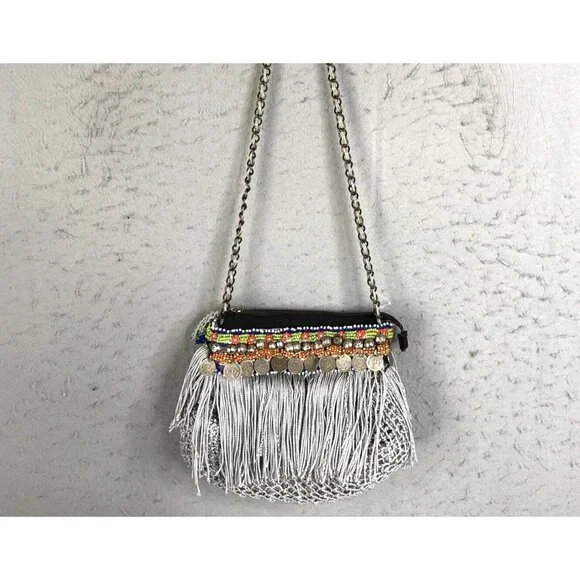 Elliot Mann Purse Beaded Fringe Coin Indie Firefly Boho Art to Wear Retro - Picture 1 of 16